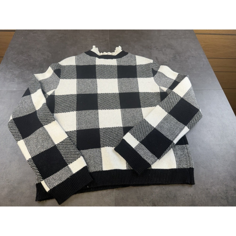 Anthropologie Women's Black & White Plaid Ruffle Collar Sweater Size Medium-NWOT
